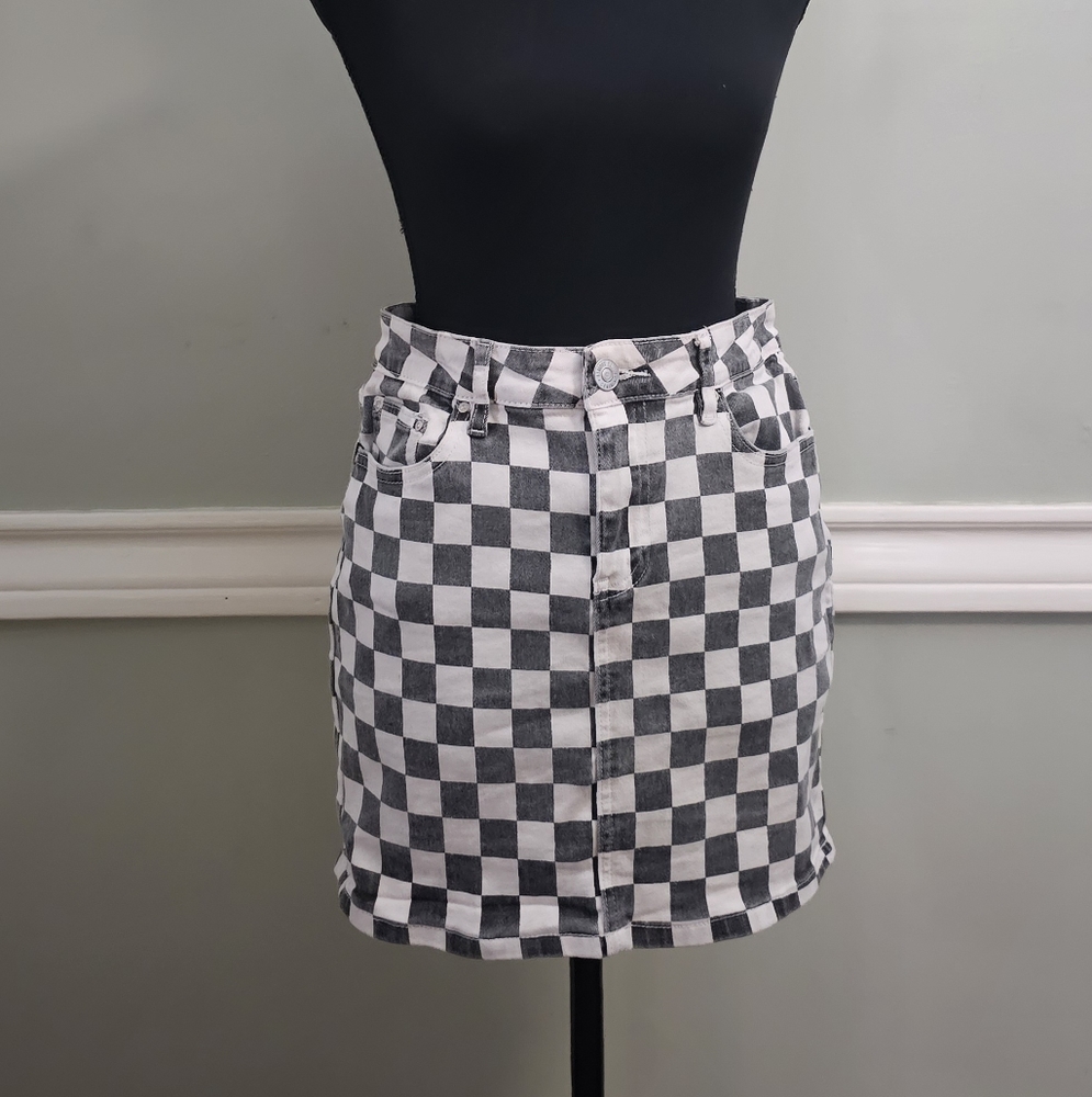 Checkered denim mini skirt